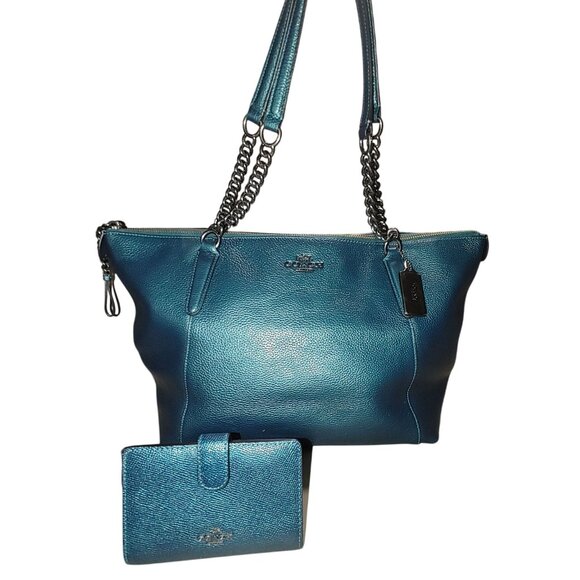 Coach Ava Chain Leather Shoulder Bag Wallet Set Metallic Teal Turquoise Nickle - Picture 4 of 15